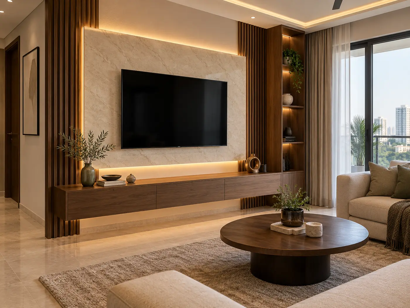 Walnut and stone entertainment unit